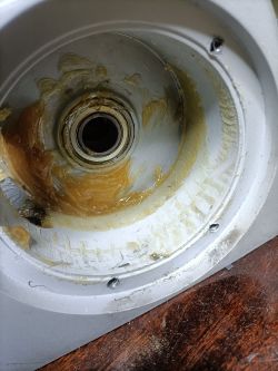 Wnętrze mechanizmu z widocznym smarem wokół łożyska.