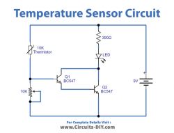 Temperature Sensor Circuit Diagram Temperature sensor circuit diagram with thermistor and BC547 transistors.