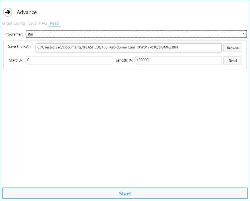 Flash tool read tab with configured BIN file path Memory reading tool screen showing BIN file path and read range configuration
