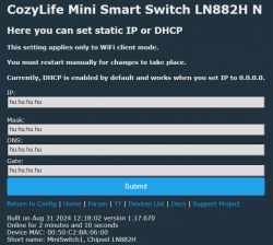Screenshot of the CozyLife Mini Smart Switch LN882H configuration screen with IP fields filled with hu.hu.hu.hu.