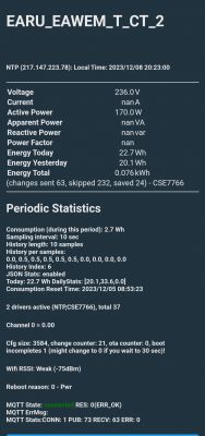 Screen showing data from EAWEM_T_T_CT_2 device reading with information on voltage, power, and energy consumption statistics.