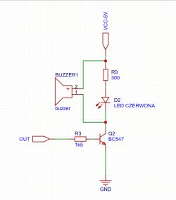 Schemat: tranzystor BC547 steruje brzęczykiem i czerwoną LED zasilaną z VCC 5 V przez rezystor 300 Ω.