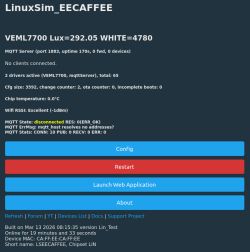 Screenshot of LinuxSim web panel showing VEML7700 readings: Lux292.05 and WHITE4780