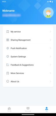 Mobile app screen with a user menu for settings and service management options.