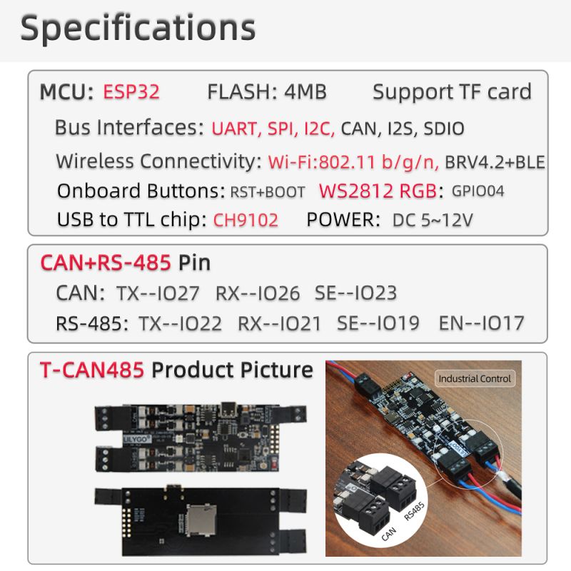 Specyfikacja płytki T-CAN485 z ESP32 i złączami CAN oraz RS485