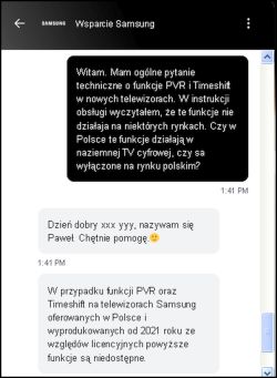 Czat z pomocą techniczną Samsunga o funkcjach PVR i Timeshift w Polsce