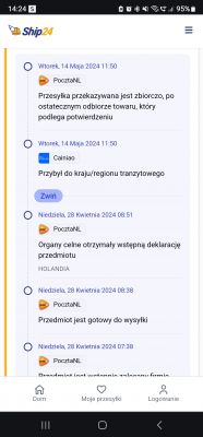 Zrzut ekranu z aplikacji Ship24 pokazujący statusy przesyłki.