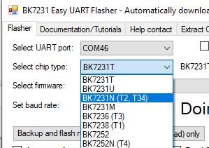 Dropdown menu showing selected chip type BK7231N (T2, T34) in Easy UART Flasher