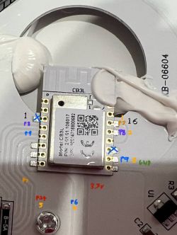 CB3L/BK7231N Module with Pinout Described CB3L/BK7231N module mounted on an LED lamp board with pin numbering marked.