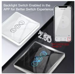 MOES Smart Curtain Switch with App Glass smart curtain switch MOES with visible symbols and app showing control features.