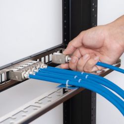 Ręka podłącza kabel sieciowy do patch panela z niebieskimi kablami.