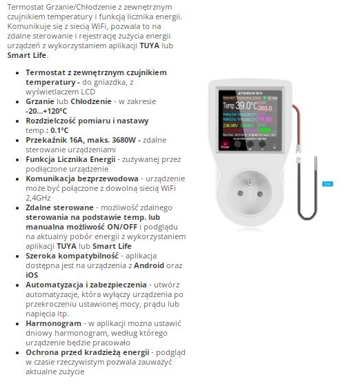 External Thermostat with Energy Meter Thermostat with temperature sensor and energy meter function on a specification background.