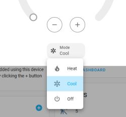 Screenshot of a thermostat settings interface showing mode selection: heat, cool, and off options.