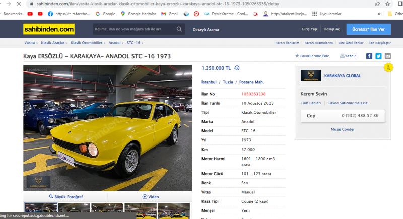 Żółty samochód Anadol STC-16 z 1973 roku w garażu.