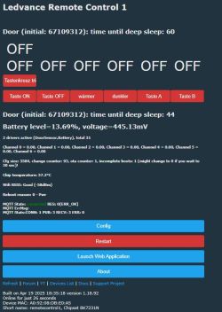 Screenshot of Ledvance Remote Control 1 dashboard showing button status, battery level, chip temperature, and configuration options.