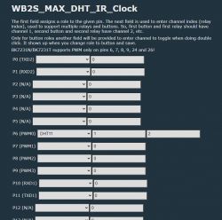 WB2S_MAX_DHT_IR_Clock Pin Configuration Configuration interface of the WB2S_MAX_DHT_IR_Clock device with pin assignments.