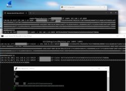 Okna konsolowe RemoteMachine.exe i LocalMachine.exe pokazujące przekaz danych TCP w hex