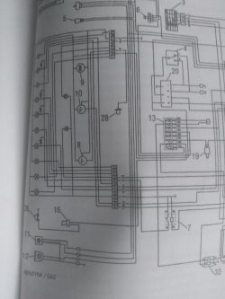 Fragment schematu elektrycznego wózka widłowego z ponumerowanymi symbolami elektrycznymi, w tym numerami 33, 14, 19, 27 i 15.
