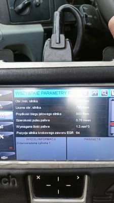 Ekran diagnostyczny samochodu z wyświetlonymi parametrami silnika.