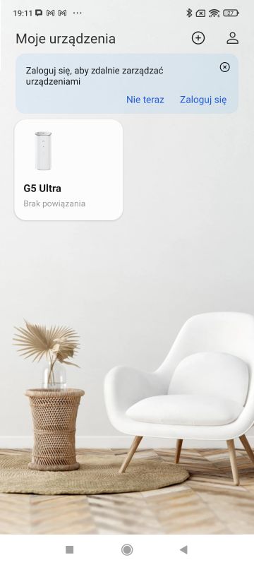 Ekran aplikacji mobilnej ZTE z listą urządzeń, G5 Ultra niepowiązany