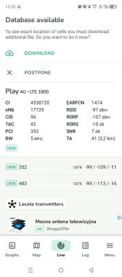 Zrzut ekranu z aplikacji NetMonster pokazujący parametry sieci LTE 1800 MHz w sieci Play