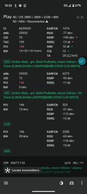 Szczegóły informacji sieciowych NetMonster aplikacji z danymi Play w telefonie.