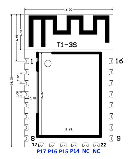Dimensioned drawing of an electronic module package with side pins and label “T1-3S”