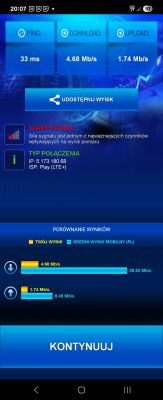 Ekran SpeedTest z sieci Play LTE+ pokazuje niski sygnał i niskie prędkości pobierania i wysyłania.