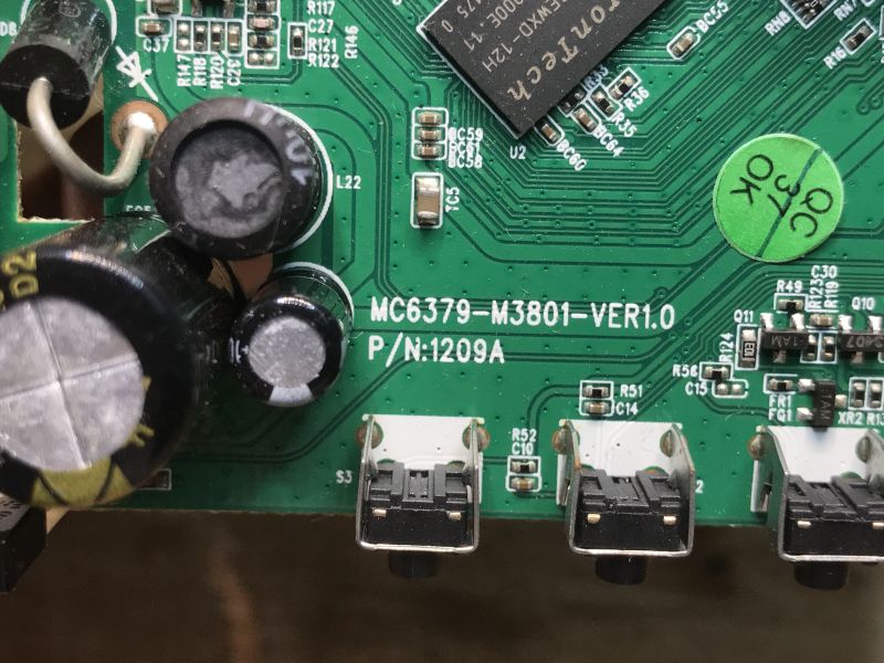Close-up of MC6379-M3801-VER1.0 tuner PCB with electronic components visible