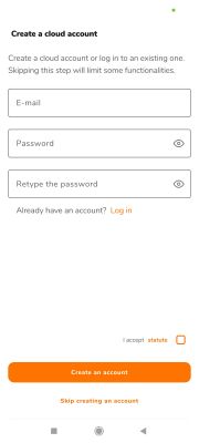 Cloud account registration screen with email, password fields, and create account button.