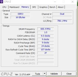 Zrzut ekranu z CPU-Z pokazujący parametry pamięci DDR3: 16 GB, Dual Channel