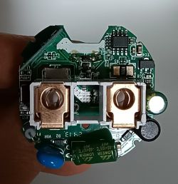 Interior of EU Power Monitoring Plug Close-up of the interior of a plug with visible electronic components.
