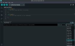 Arduino IDE interface with ESP32 sketch and baud rate dropdown menu expanded