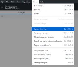 Screenshot of a dropdown menu in GitHub Desktop interface with the Update from main option highlighted.