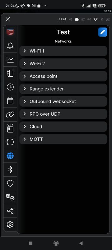 Shelly app screen showing network and cloud settings in dark mode