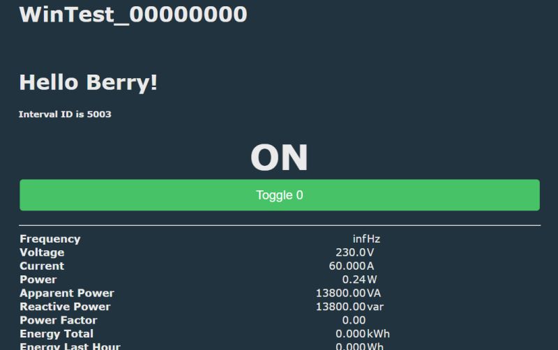 Screenshot of the Berry Simulation Application Screenshot of a simulation application displaying power data and relay status.