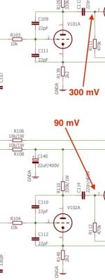 Schemat obwodu przedwzmacniacza z zaznaczonymi napięciami 300 mV i 90 mV.