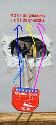 Nous module connected to colored wires leading into a wall socket