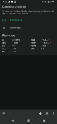 Zrzut ekranu aplikacji pokazujący informacje o sieci Play 4G LTE, w tym parametry sygnału takie jak RSSI, RSRP, RSRQ i SNR.