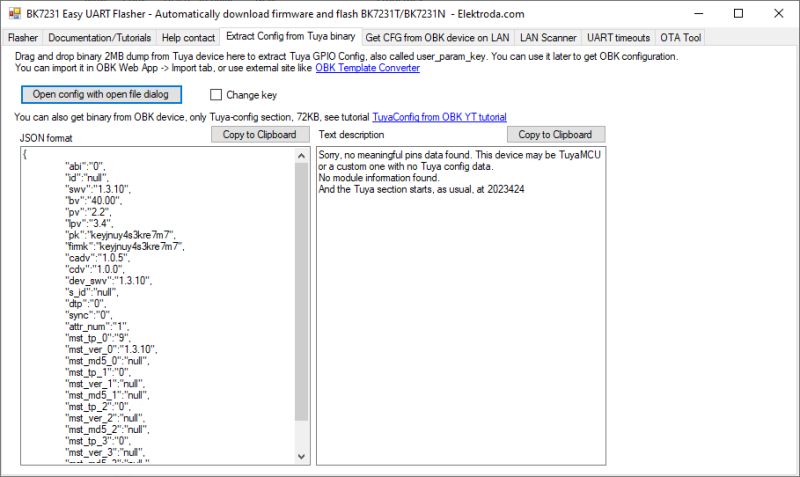 Screenshot of BK7231 Easy UART Flasher with device JSON config displayed