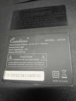 Technical label of Condere 32V20 television Back label of Condere 32V20 TV showing model, power, and serial information