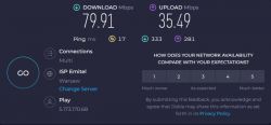 Zrzut ekranu testu prędkości Internetu pokazujący prędkość pobierania 79,91 Mbps i wysyłania 35,49 Mbps.