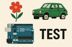 Illustration showing a red flower, green car, Arduino Uno board, and the word TEST on a light background.
