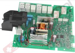 Płytka drukowana ze zasilaczem, mostkiem prostowniczym i podzespołami elektronicznymi.
