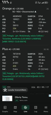 Parametry sygnału LTE 900 dla Orange i Plus z aplikacji NetMonster Zrzut ekranu z aplikacji NetMonster pokazujący dane sygnału LTE 900 Orange i Plus