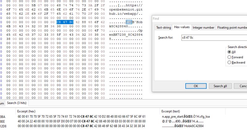 Screenshot of a hex editor searching for the byte sequence c8 47 8c.