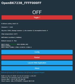 OpenBK7238 interface showing OFF status and MQTT connection data