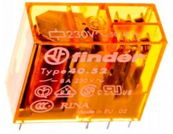 Pomarańczowy przekaźnik Finder 40.52.8.230.0000 z oznaczeniami specyfikacji elektrycznej.