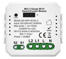 Mini 2 Gangs Wi-Fi Switch Module Mini 2 Gangs Wi-Fi switch module with technical markings and connectors.