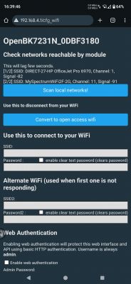 Screenshot of the WiFi configuration interface for OpenBK7231N device.